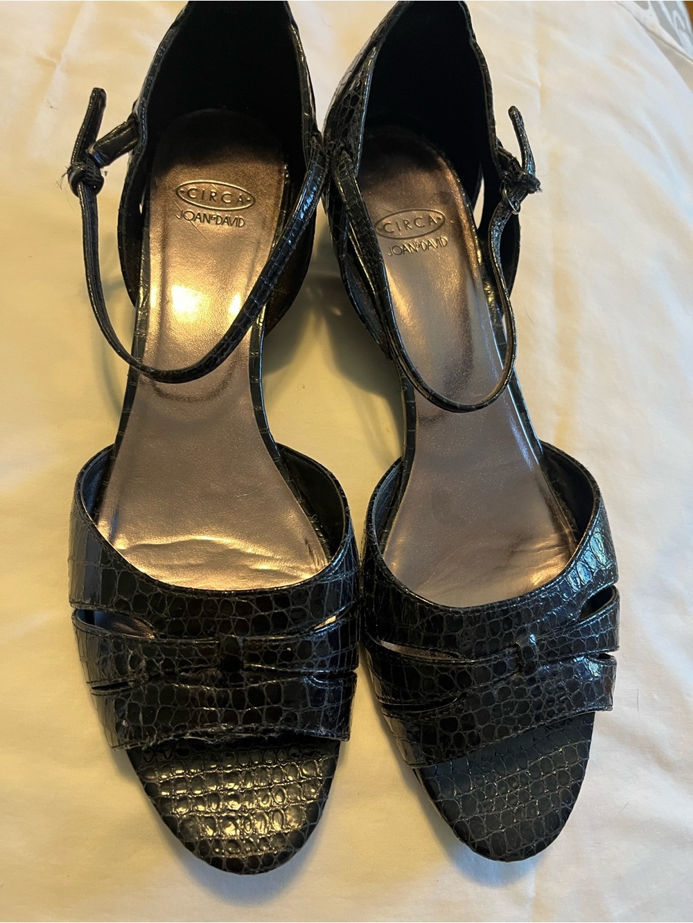 Joan & David Black Croc-Embossed Ankle-Strap Heels